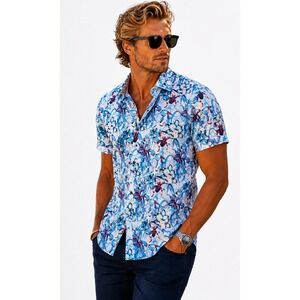 Robert Graham Durkin Blue Floral Stretch Button Down Shirt Mens Large